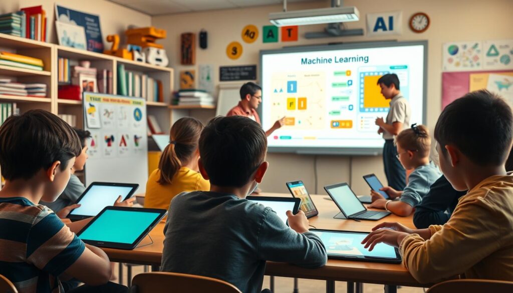 A colorful, dynamic classroom scene with students and teachers using a variety of AI-powered educational tools. In the foreground, students work on digital tablets and laptops, their faces lit by the glow of the screens. In the middle ground, an interactive whiteboard displays a lesson on machine learning, with teachers guiding the class. The background features shelves of books, educational posters, and various STEM learning tools. The lighting is warm and natural, creating a vibrant, productive atmosphere. The composition captures the integration of cutting-edge AI technology into an engaging, modern learning environment. A colorful, dynamic classroom scene with students and teachers using a variety of AI-powered educational tools. In the foreground, students work on digital tablets and laptops, their faces lit by the glow of the screens. In the middle ground, an interactive whiteboard displays a lesson on machine learning, with teachers guiding the class. The background features shelves of books, educational posters, and various STEM learning tools. The lighting is warm and natural, creating a vibrant, productive atmosphere. The composition captures the integration of cutting-edge AI technology into an engaging, modern learning environment.