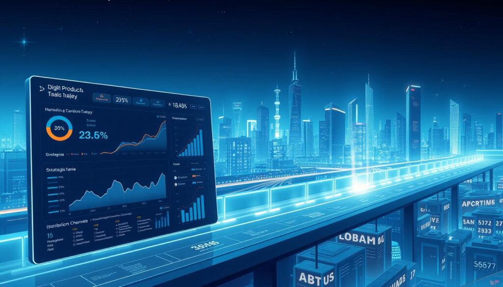 A high-resolution, digital illustration depicting a comprehensive "Digital Product Sales Strategy." The foreground showcases a sleek, minimalist dashboard with interactive charts, graphs, and data visualizations tracking key performance metrics like sales, revenue, and customer engagement. The middle ground features a detailed roadmap with strategic milestones, marketing tactics, and distribution channels. The background is a futuristic cityscape with skyscrapers and glowing holograms, conveying a sense of innovation and technological advancement. The entire scene is bathed in a cool, blue-tinted lighting, creating a professional, corporate atmosphere. The overall mood is one of data-driven decision making, strategic planning, and optimized digital product sales. A high-resolution, digital illustration depicting a comprehensive "Digital Product Sales Strategy." The foreground showcases a sleek, minimalist dashboard with interactive charts, graphs, and data visualizations tracking key performance metrics like sales, revenue, and customer engagement. The middle ground features a detailed roadmap with strategic milestones, marketing tactics, and distribution channels. The background is a futuristic cityscape with skyscrapers and glowing holograms, conveying a sense of innovation and technological advancement. The entire scene is bathed in a cool, blue-tinted lighting, creating a professional, corporate atmosphere. The overall mood is one of data-driven decision making, strategic planning, and optimized digital product sales.