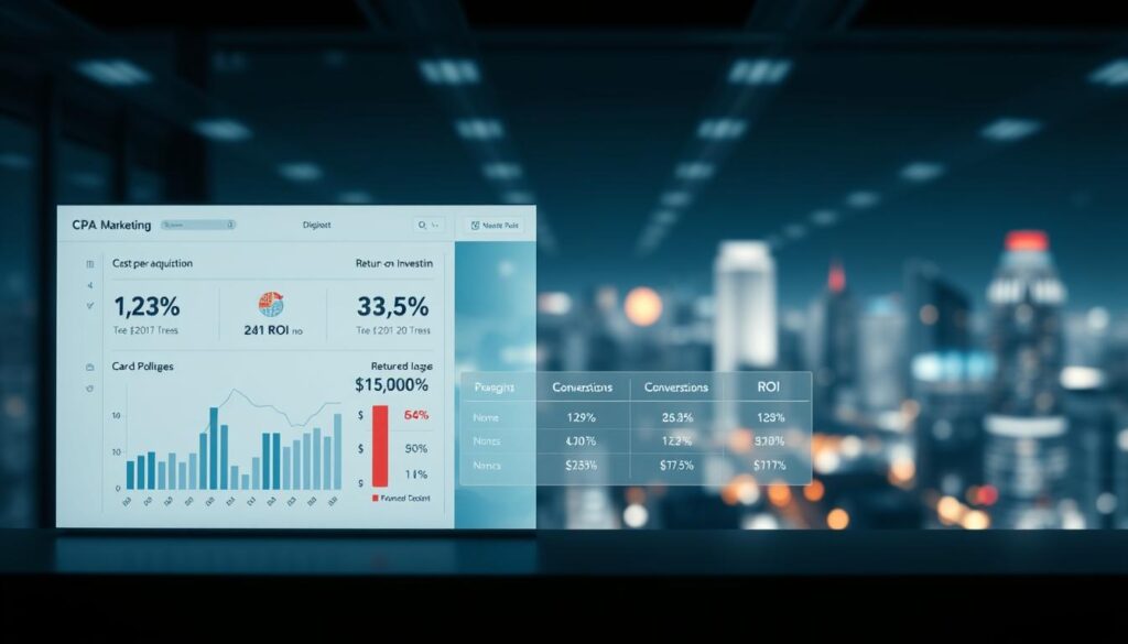 A precise, data-driven visualization of CPA marketing ROI maximization. In the foreground, a sleek, minimalist dashboard displays key metrics such as cost-per-acquisition, conversion rates, and return-on-investment, all rendered in a cool, monochromatic color scheme. The middle ground features a stylized infographic comparing different CPA strategies and their projected ROI, while the background showcases a softly blurred cityscape, evoking the digital, connected nature of modern affiliate marketing. Soft, directional lighting casts an air of professionalism and authority, while a cinematic, 24mm lens perspective draws the viewer's eye into the scene. The overall mood is one of analytical clarity, financial optimization, and the promise of increased marketing ROI. A precise, data-driven visualization of CPA marketing ROI maximization. In the foreground, a sleek, minimalist dashboard displays key metrics such as cost-per-acquisition, conversion rates, and return-on-investment, all rendered in a cool, monochromatic color scheme. The middle ground features a stylized infographic comparing different CPA strategies and their projected ROI, while the background showcases a softly blurred cityscape, evoking the digital, connected nature of modern affiliate marketing. Soft, directional lighting casts an air of professionalism and authority, while a cinematic, 24mm lens perspective draws the viewer's eye into the scene. The overall mood is one of analytical clarity, financial optimization, and the promise of increased marketing ROI.