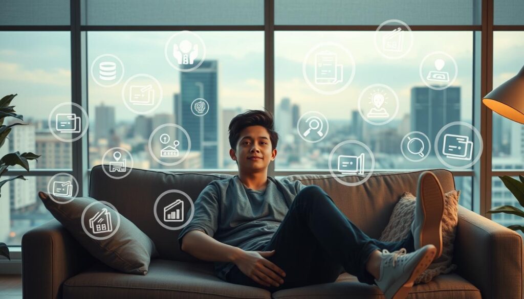 A serene study scene with a student relaxing on a comfortable couch, surrounded by passive income ideas presented as floating holographic icons. The background features a clean, modern study space with large windows overlooking a cityscape. Soft, diffused lighting creates a calming atmosphere. The student's expression conveys a sense of calm focus as they explore the various passive income opportunities displayed before them. The scene captures the essence of earning supplementary income while maintaining academic focus. A serene study scene with a student relaxing on a comfortable couch, surrounded by passive income ideas presented as floating holographic icons. The background features a clean, modern study space with large windows overlooking a cityscape. Soft, diffused lighting creates a calming atmosphere. The student's expression conveys a sense of calm focus as they explore the various passive income opportunities displayed before them. The scene captures the essence of earning supplementary income while maintaining academic focus.
