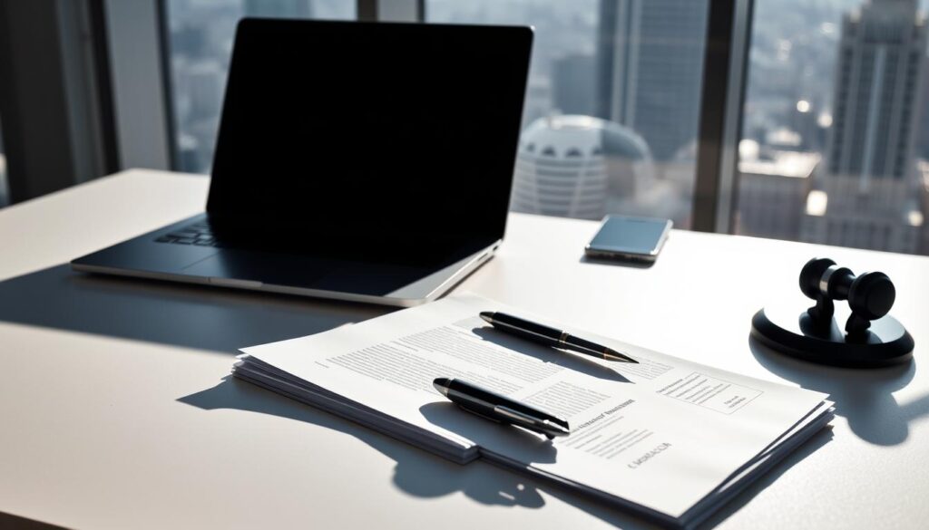 A sleek, modern desktop setup with a laptop, tablet, and smartphone. The devices are arranged neatly on a minimalist white desk, casting long shadows that create depth and dimension. In the foreground, a stack of legal documents and a pen, symbolizing the compliance and regulatory aspects of digital product sales. The background features a blurred cityscape through a large window, suggesting the global reach and scale of the digital economy. Soft, directional lighting illuminates the scene, creating a professional, high-tech atmosphere. The overall composition conveys the importance of legal compliance in the successful commercialization of digital products. A sleek, modern desktop setup with a laptop, tablet, and smartphone. The devices are arranged neatly on a minimalist white desk, casting long shadows that create depth and dimension. In the foreground, a stack of legal documents and a pen, symbolizing the compliance and regulatory aspects of digital product sales. The background features a blurred cityscape through a large window, suggesting the global reach and scale of the digital economy. Soft, directional lighting illuminates the scene, creating a professional, high-tech atmosphere. The overall composition conveys the importance of legal compliance in the successful commercialization of digital products.
