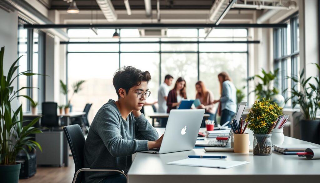 A vibrant and dynamic scene of a student freelancing workspace. In the foreground, a young person sits at a well-organized desk, intently focused on a laptop screen, surrounded by office supplies and a plant. In the middle ground, a small group of students collaborate on a project, exchanging ideas and taking notes. The background features a modern, airy office space with abundant natural light streaming through large windows, fostering a productive and creative atmosphere. The lighting is soft and diffused, highlighting the energy and enthusiasm of the freelancing students. The overall mood is one of productivity, creativity, and the promising potential of student freelancing opportunities. A vibrant and dynamic scene of a student freelancing workspace. In the foreground, a young person sits at a well-organized desk, intently focused on a laptop screen, surrounded by office supplies and a plant. In the middle ground, a small group of students collaborate on a project, exchanging ideas and taking notes. The background features a modern, airy office space with abundant natural light streaming through large windows, fostering a productive and creative atmosphere. The lighting is soft and diffused, highlighting the energy and enthusiasm of the freelancing students. The overall mood is one of productivity, creativity, and the promising potential of student freelancing opportunities.