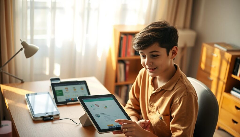 An airy, sun-drenched study space with a wooden desk and bookshelf in the background. On the desk, several mobile devices and tablets are displayed, each showcasing different educational and money-making apps. The foreground features a young student casually perusing the apps, their expression one of engaged curiosity. Soft, warm lighting filters through sheer curtains, creating a serene, productive atmosphere. The overall scene conveys the idea of utilizing technology and educational resources to generate income while pursuing academic goals. An airy, sun-drenched study space with a wooden desk and bookshelf in the background. On the desk, several mobile devices and tablets are displayed, each showcasing different educational and money-making apps. The foreground features a young student casually perusing the apps, their expression one of engaged curiosity. Soft, warm lighting filters through sheer curtains, creating a serene, productive atmosphere. The overall scene conveys the idea of utilizing technology and educational resources to generate income while pursuing academic goals.