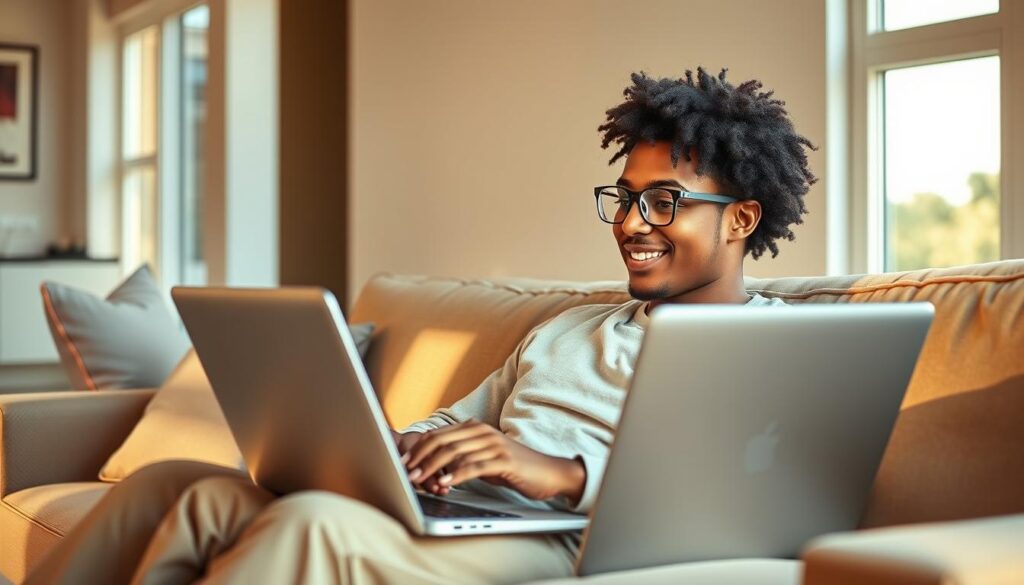 A bright, optimistic composition depicting a person relaxing on a comfortable couch, laptop open, engaged in passive income generation through strategic ad viewing. The scene is bathed in warm, natural lighting, with a modern, minimalist interior design providing a serene backdrop. The figure's expression radiates a sense of productivity and financial empowerment, complemented by a sleek, high-end tech setup. Subtle visual cues, such as a progress bar or analytics dashboard, hint at the steady accumulation of earnings through this passive income stream. The overall atmosphere conveys a balance of leisure and purposeful engagement, inspiring the viewer to embrace the potential of maximizing income through ad watching. A bright, optimistic composition depicting a person relaxing on a comfortable couch, laptop open, engaged in passive income generation through strategic ad viewing. The scene is bathed in warm, natural lighting, with a modern, minimalist interior design providing a serene backdrop. The figure's expression radiates a sense of productivity and financial empowerment, complemented by a sleek, high-end tech setup. Subtle visual cues, such as a progress bar or analytics dashboard, hint at the steady accumulation of earnings through this passive income stream. The overall atmosphere conveys a balance of leisure and purposeful engagement, inspiring the viewer to embrace the potential of maximizing income through ad watching.