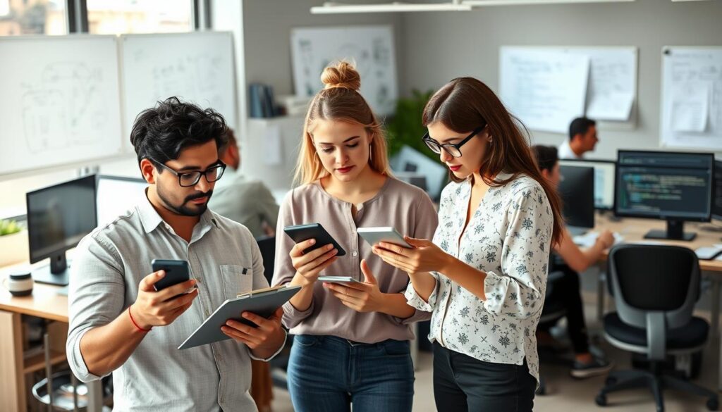 A busy, well-lit office scene with a group of people intensely focused on mobile devices, testing various apps. In the foreground, a developer in a casual outfit examines a smartphone, making notes on a clipboard. Behind them, a designer in a chic blouse collaborates with a QA tester, gesturing at a tablet. In the background, a team of engineers scrutinize code on multiple computer screens, surrounded by whiteboards filled with sketches and wireframes. Natural light floods the room, creating a sense of productivity and innovation. The atmosphere is one of dynamic collaboration, as the team works diligently to ensure a seamless mobile user experience. A busy, well-lit office scene with a group of people intensely focused on mobile devices, testing various apps. In the foreground, a developer in a casual outfit examines a smartphone, making notes on a clipboard. Behind them, a designer in a chic blouse collaborates with a QA tester, gesturing at a tablet. In the background, a team of engineers scrutinize code on multiple computer screens, surrounded by whiteboards filled with sketches and wireframes. Natural light floods the room, creating a sense of productivity and innovation. The atmosphere is one of dynamic collaboration, as the team works diligently to ensure a seamless mobile user experience.