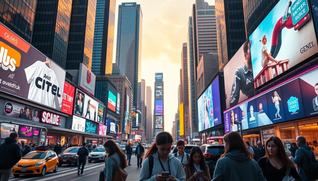 A futuristic cityscape with towering skyscrapers and neon-lit billboards showcasing the latest mobile advertising trends for 2025. Sleek, holographic displays float effortlessly amidst the bustling urban environment, projecting dynamic, interactive advertisements that captivate pedestrians and commuters alike. The scene is bathed in a warm, golden glow, evoking a sense of technological advancement and prosperity. In the foreground, a group of young professionals engage with their mobile devices, immersed in the seamless integration of advertising and their daily lives. The overall atmosphere conveys the promise of a future where mobile marketing has become a ubiquitous and innovative force, shaping the way we consume and interact with content. A futuristic cityscape with towering skyscrapers and neon-lit billboards showcasing the latest mobile advertising trends for 2025. Sleek, holographic displays float effortlessly amidst the bustling urban environment, projecting dynamic, interactive advertisements that captivate pedestrians and commuters alike. The scene is bathed in a warm, golden glow, evoking a sense of technological advancement and prosperity. In the foreground, a group of young professionals engage with their mobile devices, immersed in the seamless integration of advertising and their daily lives. The overall atmosphere conveys the promise of a future where mobile marketing has become a ubiquitous and innovative force, shaping the way we consume and interact with content.