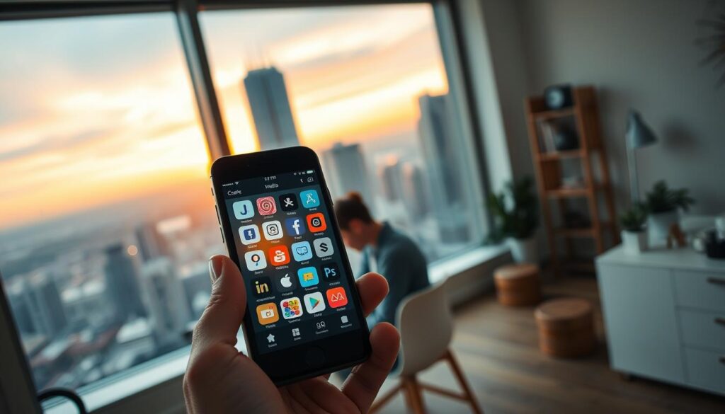 A mobile device held by a hand, the screen displaying various creative media icons and tools. In the middle ground, a person sitting at a desk, focused on their laptop, surrounded by a minimalist workspace with modern decor. In the background, a city skyline with high-rise buildings and a warm, vibrant sunset lighting the scene. The overall mood is one of productivity, creativity, and the synergy between mobile and desktop content creation. A mobile device held by a hand, the screen displaying various creative media icons and tools. In the middle ground, a person sitting at a desk, focused on their laptop, surrounded by a minimalist workspace with modern decor. In the background, a city skyline with high-rise buildings and a warm, vibrant sunset lighting the scene. The overall mood is one of productivity, creativity, and the synergy between mobile and desktop content creation.