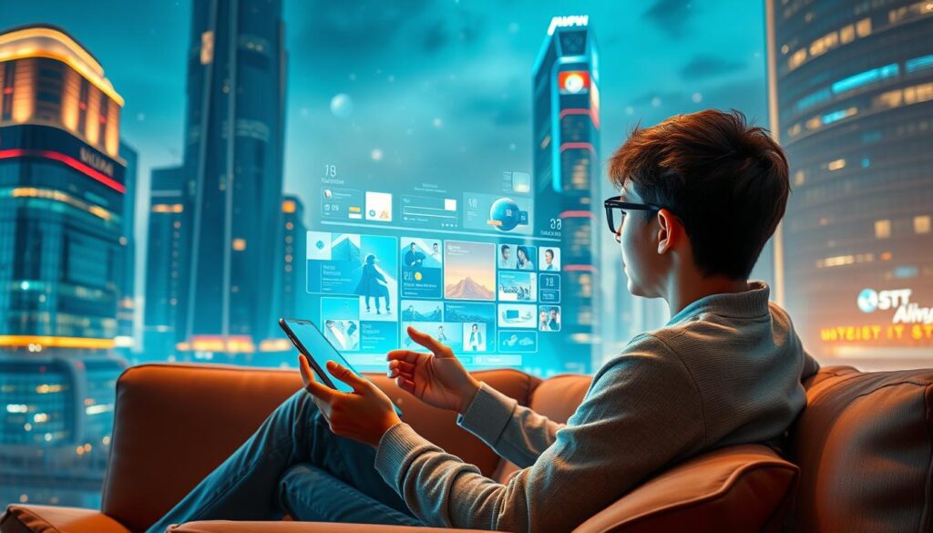 A vibrant futuristic cityscape with towering glass skyscrapers and holograms dancing across the sky. In the foreground, a young person sits comfortably on a couch, eyes glued to a sleek holographic display, effortlessly navigating a virtual interface filled with tantalizing advertisements. Soft, warm lighting bathes the scene, creating an inviting atmosphere of technological advancement and financial opportunity. The image conveys a sense of ease and possibility, hinting at the vast potential of making money simply by watching ads in the not-too-distant future. A vibrant futuristic cityscape with towering glass skyscrapers and holograms dancing across the sky. In the foreground, a young person sits comfortably on a couch, eyes glued to a sleek holographic display, effortlessly navigating a virtual interface filled with tantalizing advertisements. Soft, warm lighting bathes the scene, creating an inviting atmosphere of technological advancement and financial opportunity. The image conveys a sense of ease and possibility, hinting at the vast potential of making money simply by watching ads in the not-too-distant future.