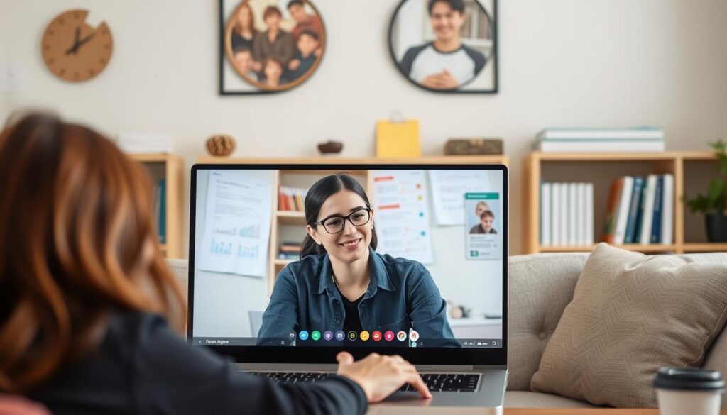 Online tutor teaching student through video call
