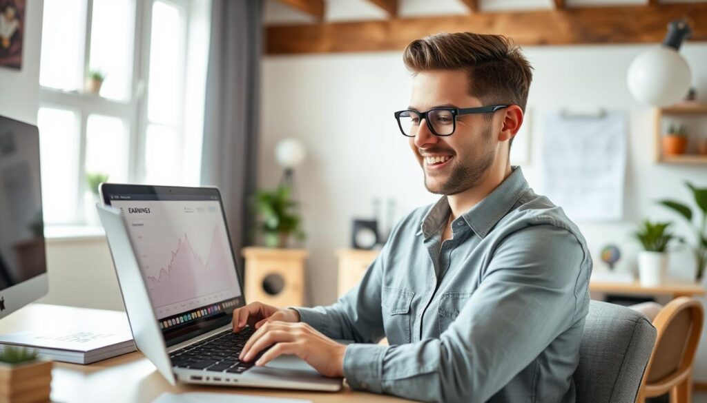 Person celebrating successful online income achievement Person celebrating successful online income achievement
