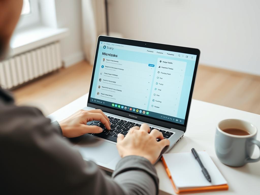 Person completing microtasks on a laptop Person completing microtasks on a laptop