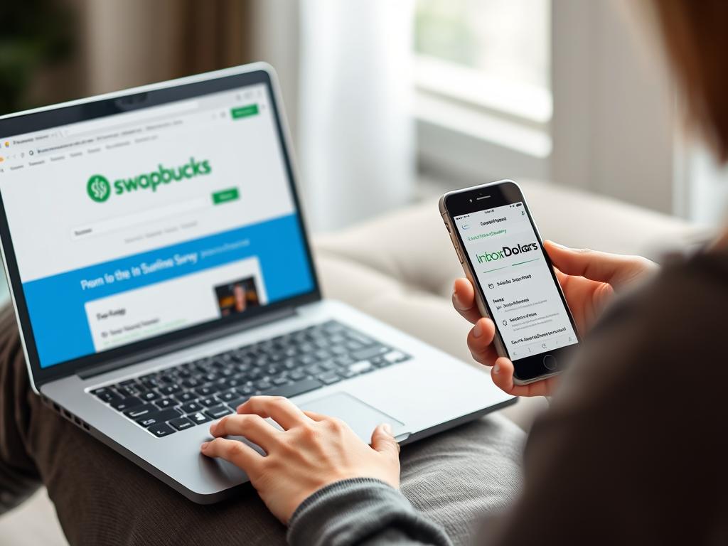 Person completing online surveys on laptop and smartphone