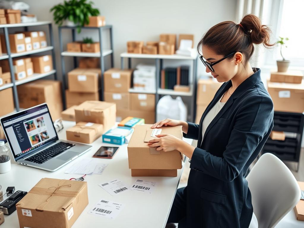 Person packaging products for an online e-commerce business Person packaging products for an online e-commerce business