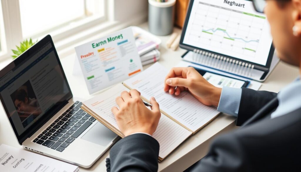 Person planning online income strategy with notebook and laptop