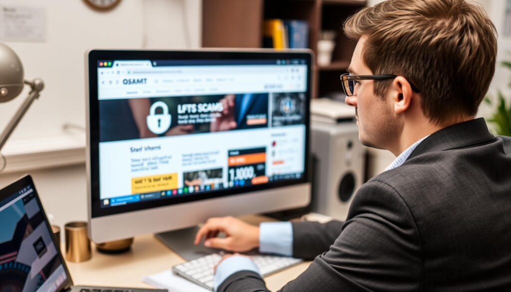 Person researching to avoid online money-making scams Person researching to avoid online money-making scams