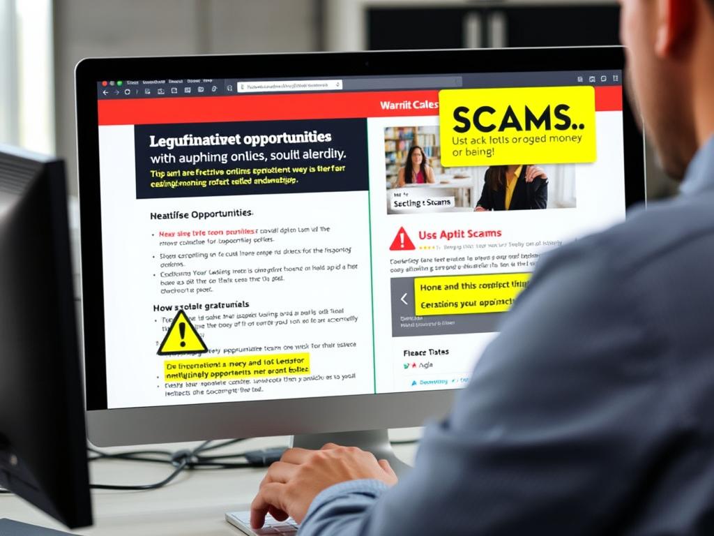 Person researching to identify online scams versus legitimate opportunities