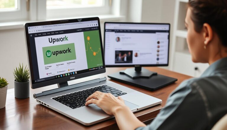 Person working on laptop with freelancing platforms displayed on screen