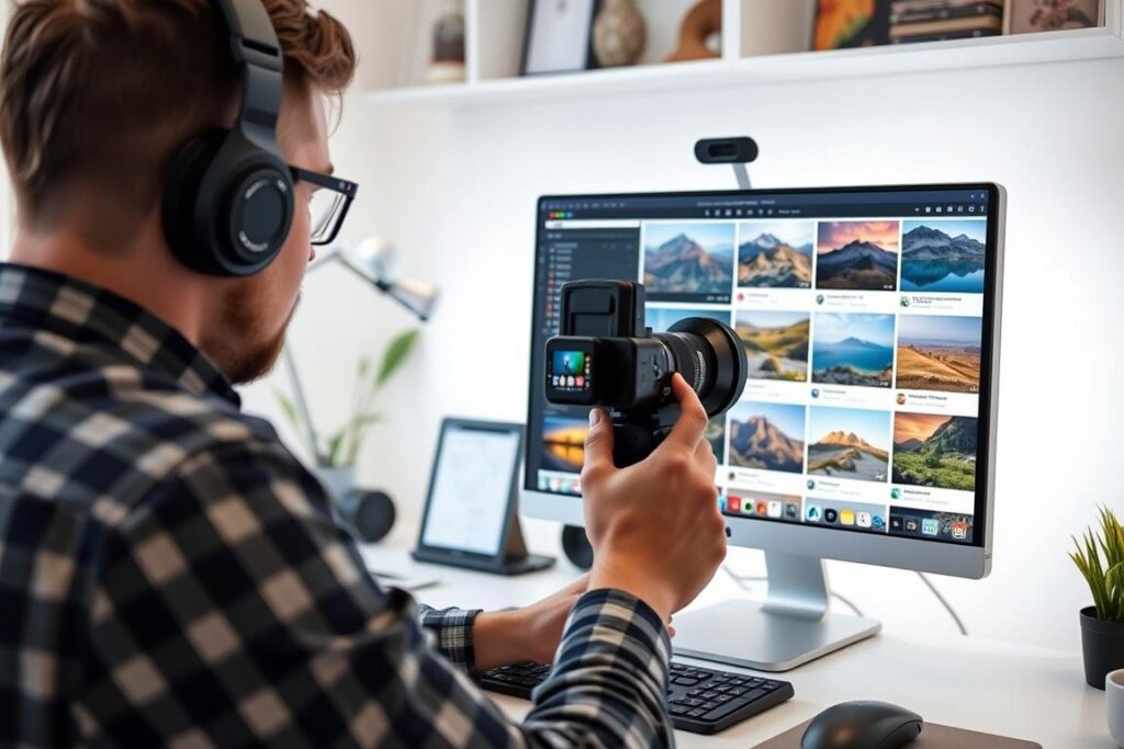 Photographer editing and uploading images to stock photography platforms