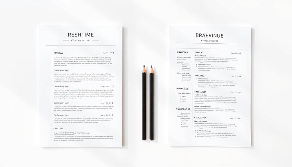Professional Resume Design Comparison: a side-by-side layout showcasing two distinct resume templates, one formal and one creative. Crisp, high-resolution images with a clean white background. The formal resume features a classic, symmetrical layout with black text, bold headings, and neat sections. The creative resume has a more dynamic, asymmetrical design with colorful accents, icons, and personalized elements. Soft, natural lighting illuminates the resumes, creating a polished, professional atmosphere. The composition emphasizes the contrast between the two styles, allowing viewers to easily compare and evaluate the design approaches. An informative, visually striking image to complement the article's discussion of resume templates. Professional Resume Design Comparison: a side-by-side layout showcasing two distinct resume templates, one formal and one creative. Crisp, high-resolution images with a clean white background. The formal resume features a classic, symmetrical layout with black text, bold headings, and neat sections. The creative resume has a more dynamic, asymmetrical design with colorful accents, icons, and personalized elements. Soft, natural lighting illuminates the resumes, creating a polished, professional atmosphere. The composition emphasizes the contrast between the two styles, allowing viewers to easily compare and evaluate the design approaches. An informative, visually striking image to complement the article's discussion of resume templates.